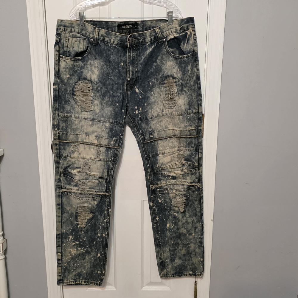 Lion Dynasty Moto Jeans Size 40 Acid Wash Distressed